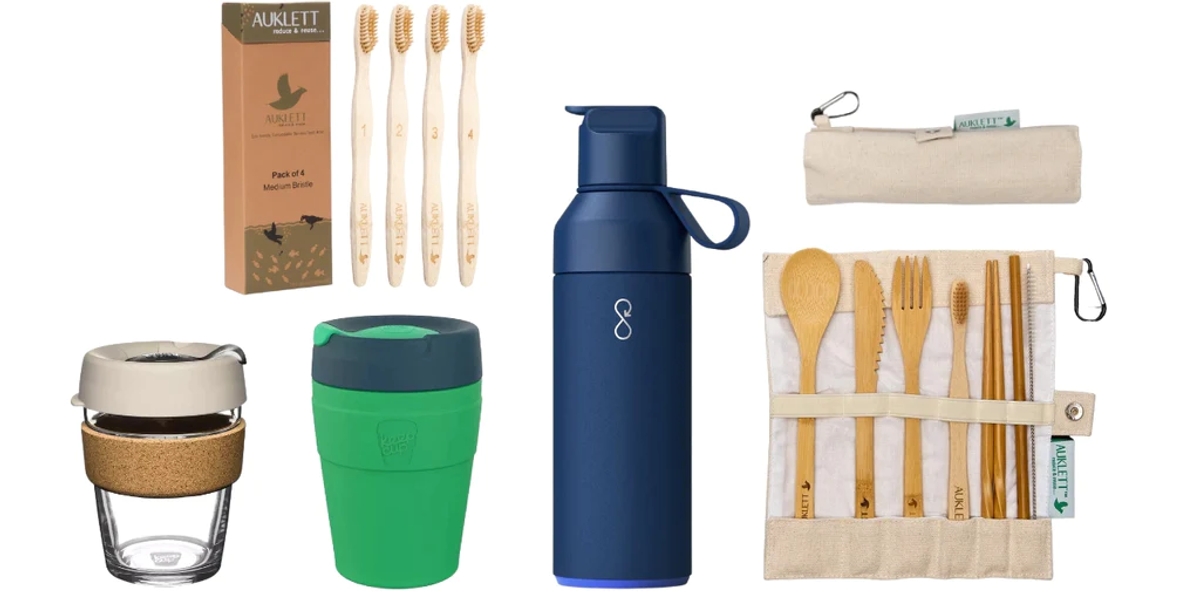 A group of products including Ocean Bottle, KeepCup and Auklett cutlery