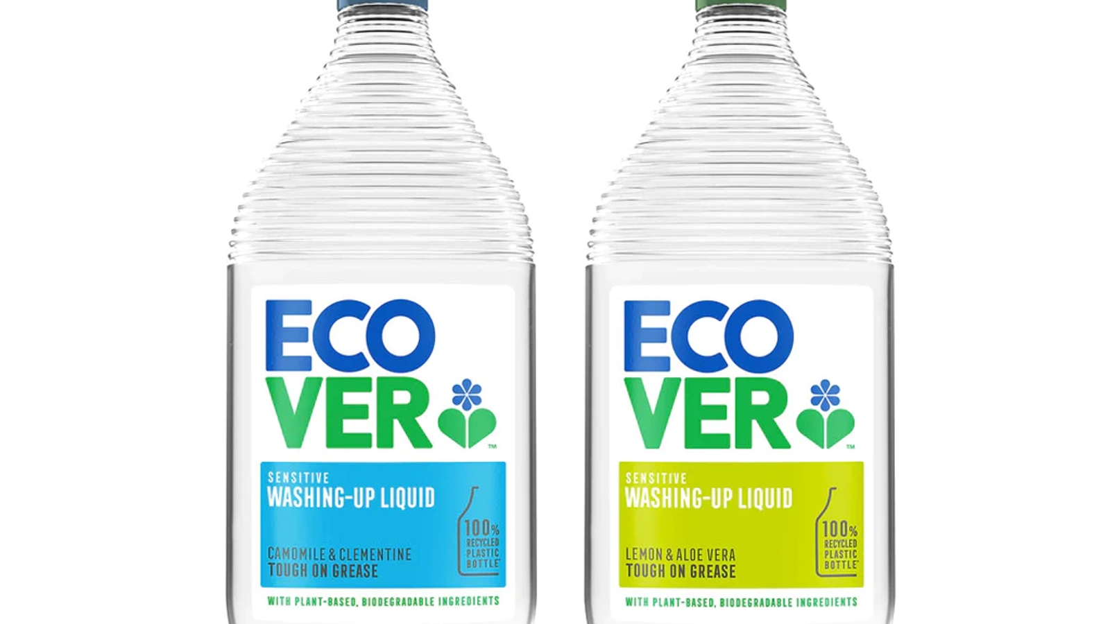 Two bottles of ecover washing-up liquid on a white background
