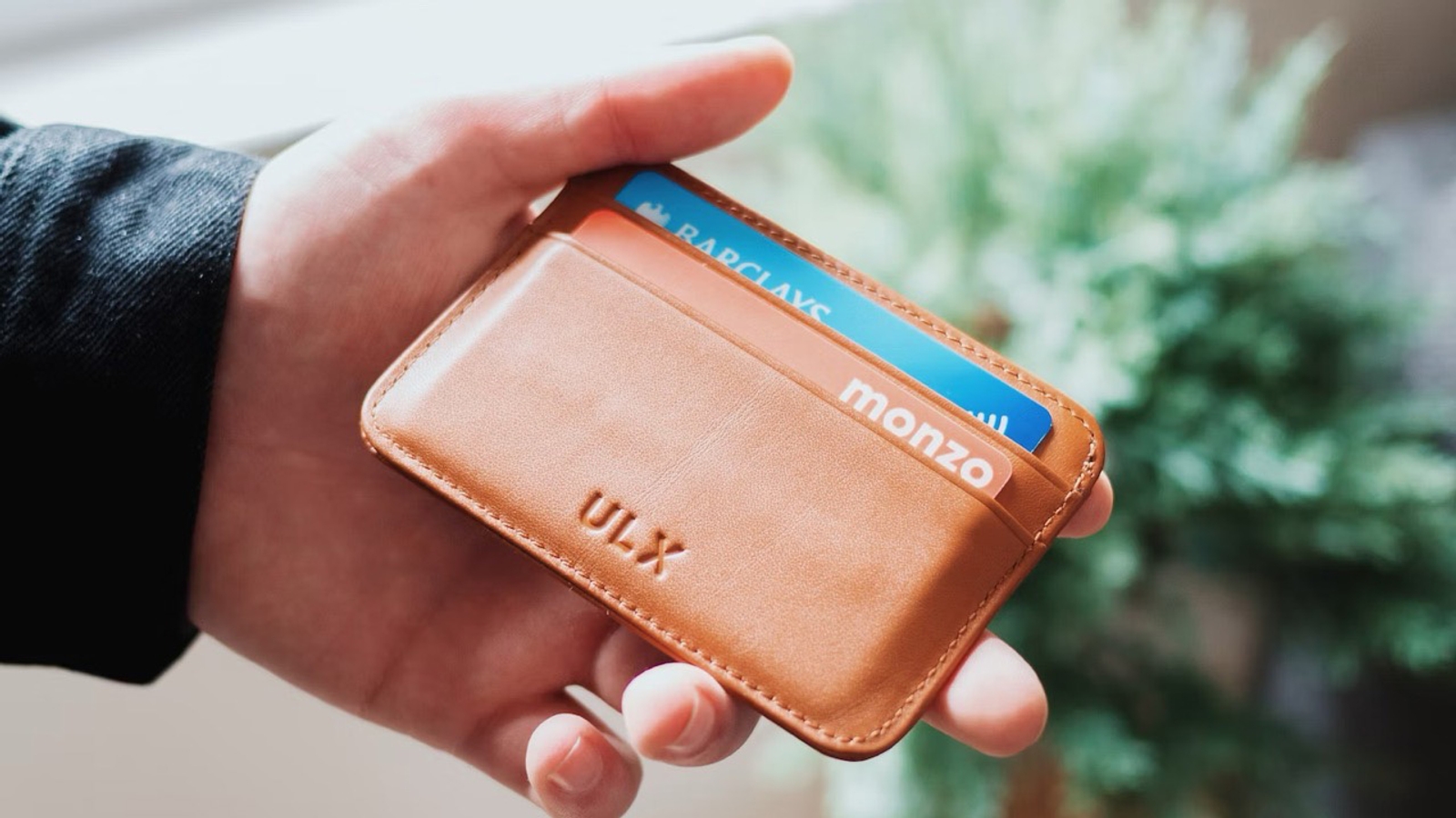 A hand holding a wallet with bank cards in it