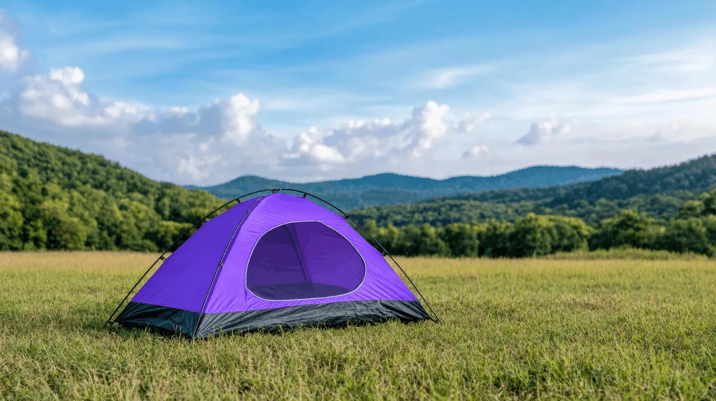 Paarse tent op een open veld — X-Small opslagvolume voor één kamer (4-12 m³) bij Inbox Storage