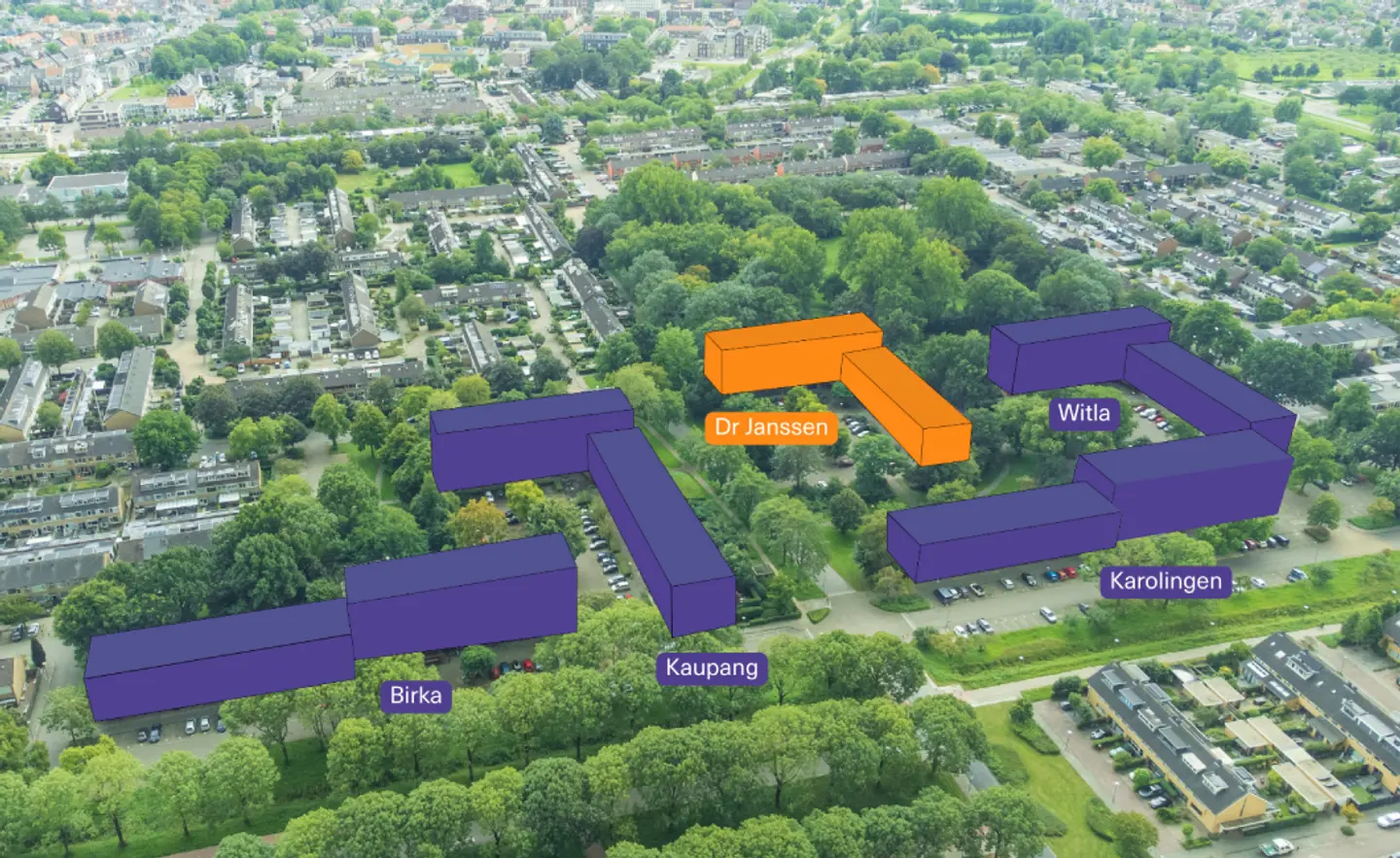 Aerial view of the Romeinenbaanflats in Wijk bij Duurstede with the four renovation buildings Birka, Witla, Kaupang and Karolingen marked in purple and the Dr. Janssen flat (to be demolished) in orange
