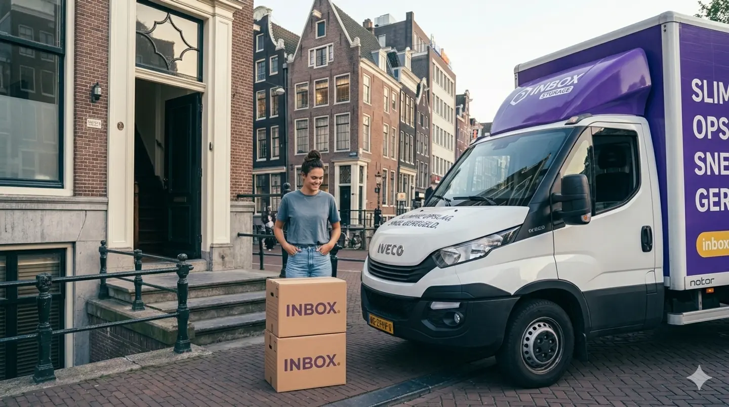 Klant bij voordeur terwijl Inbox Storage haar verhuisdozen inlaadt in Amsterdam