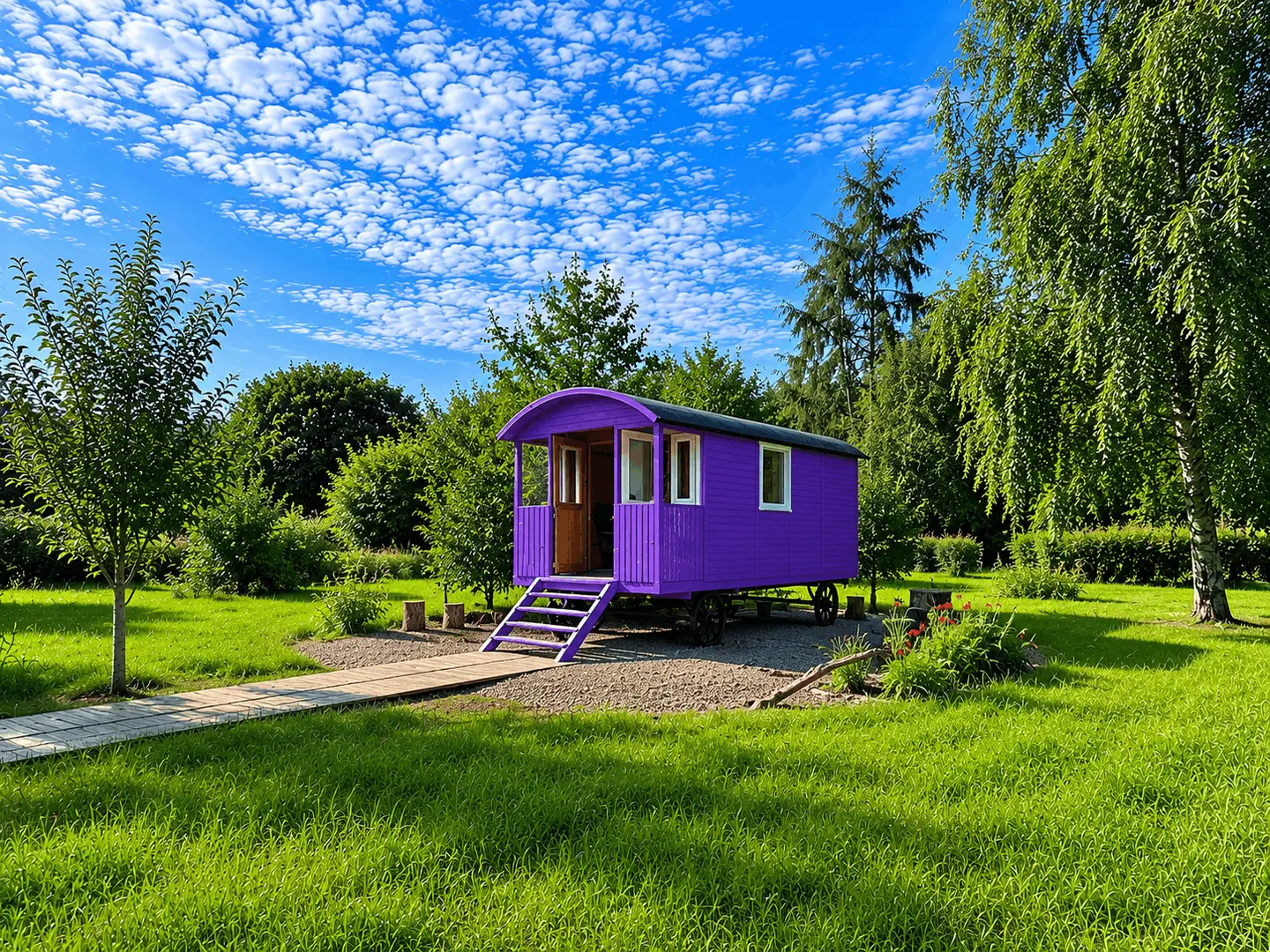 Paarse pipowagen in een groene tuin — Small opslagvolume voor een appartement (14-24 m³) bij Inbox Storage