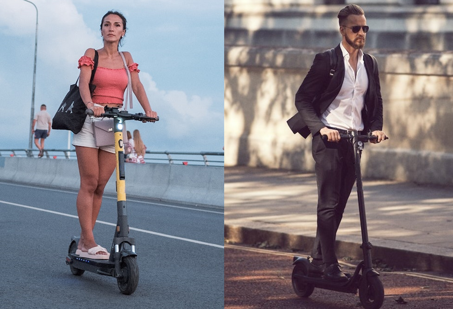 Young professional urban commuters riding electric scooters
