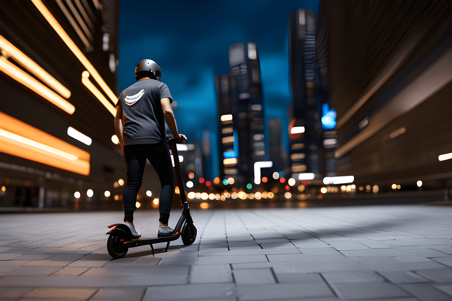 electric scooter riders with helmet in the dark