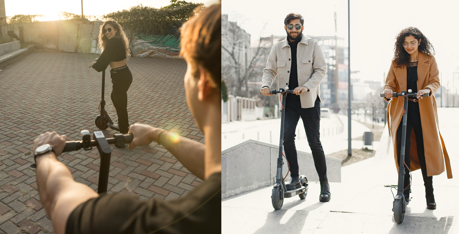 Young men and women enjoying a fun ride on their e scooters