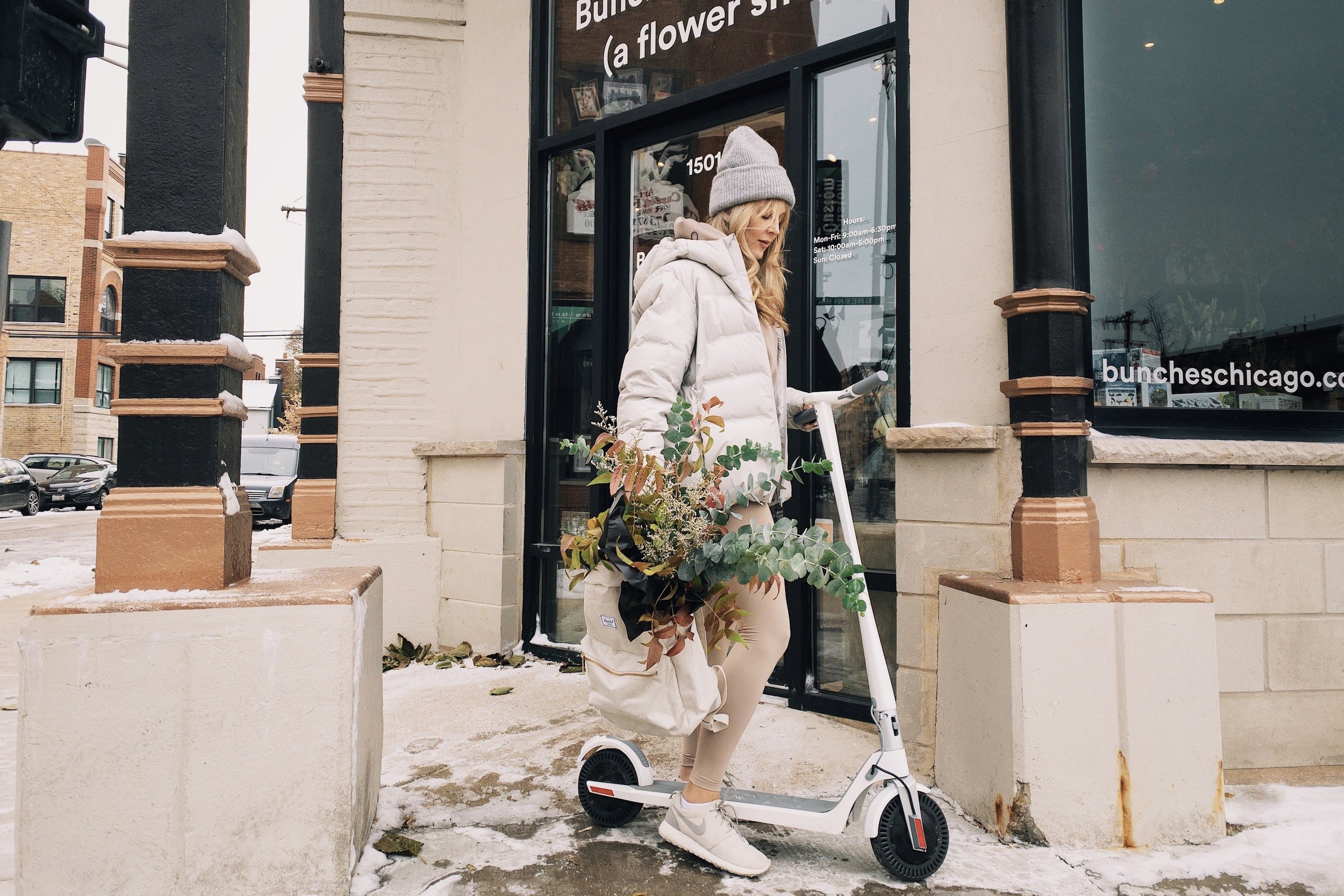 Woman Walking Errands Electric Scooter Shopping Groceries