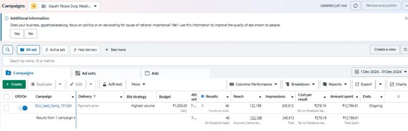 Wedding Palace Leads Meta Ads