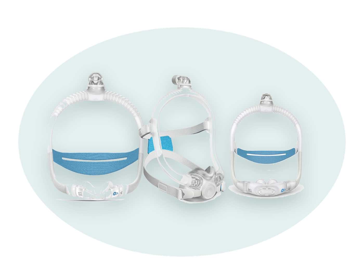 Nasal, full face and nasal pillows CPAP masks on a soft teal blob