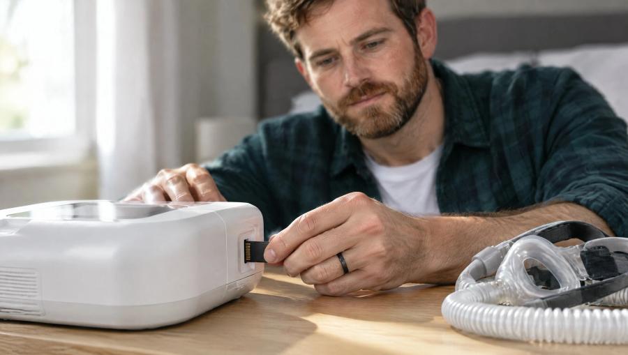 A man slides the SD card out of his CPAP machine