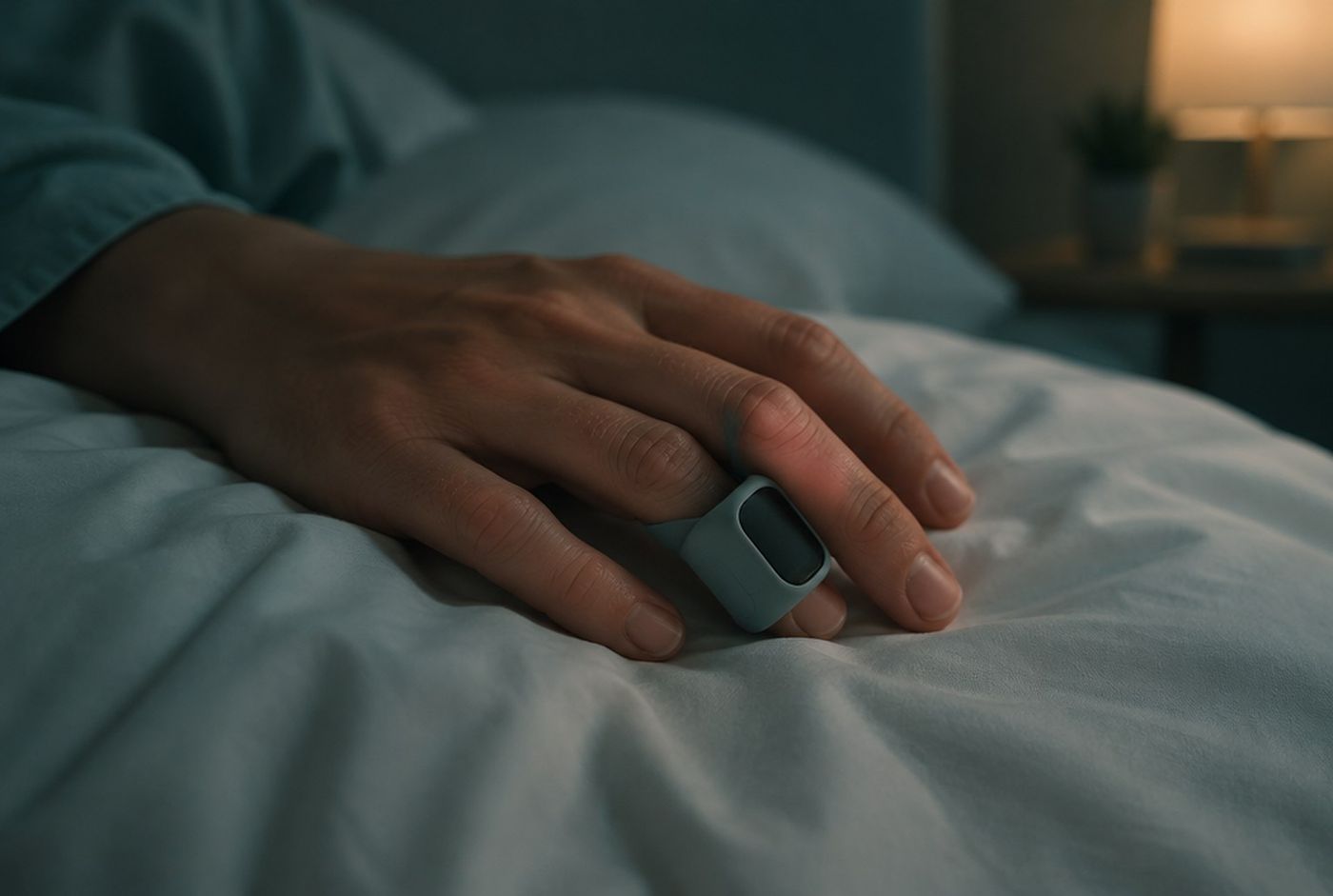 A hand resting on a bed sheet at night wearing a silicone ring oximeter