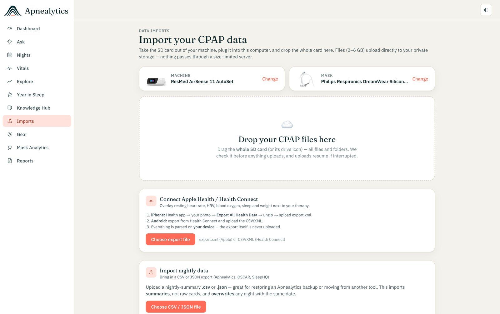 The Import screen in the web app