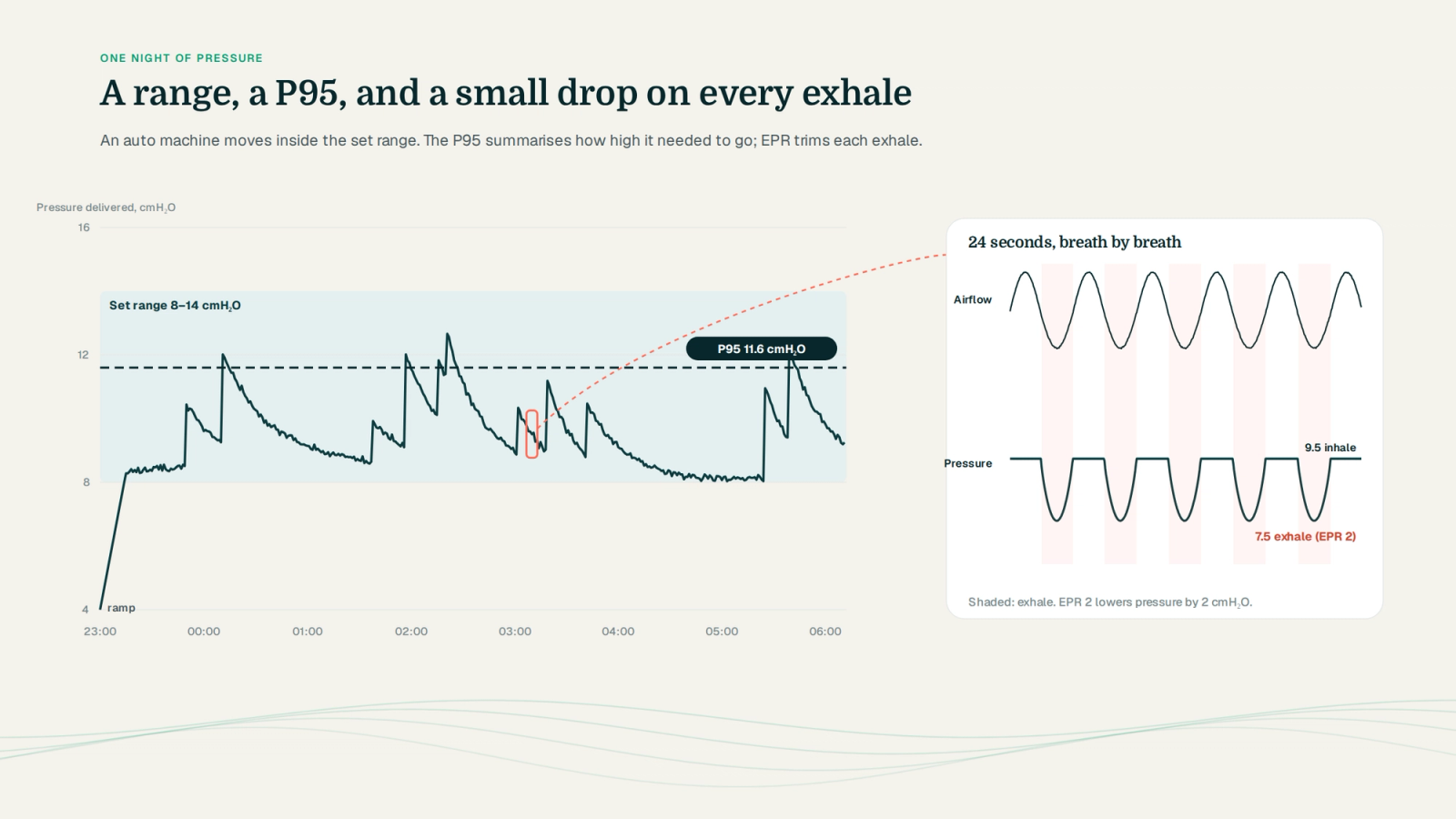 Night pressure trace inside a shaded 8 to 14 cmH2O set range with a ramp at the start and a dashed P95 line at 11.6, plus a 24-second zoom showing 2 cmH2O EPR drops on every exhale