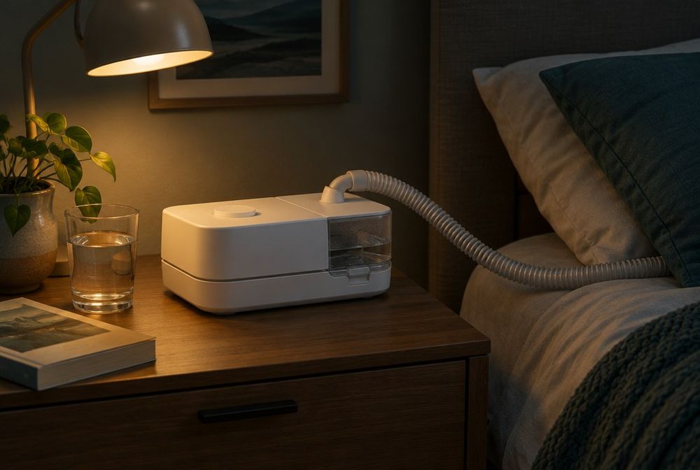 Generic white bilevel-style CPAP with humidifier and heated hose on a nightstand at night, reading lamp, water glass and paperback (illustrative; not a photo of the AirCurve 10)