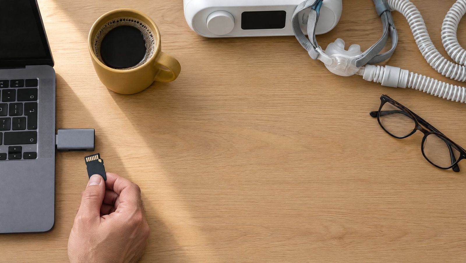 An SD card being removed from a CPAP machine