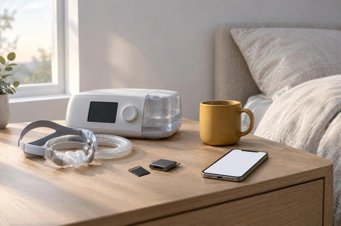 A bedside table with a CPAP machine