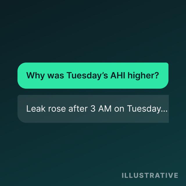 A chat bubble asking “Why was Tuesday’s AHI higher?” with the start of an answer beneath