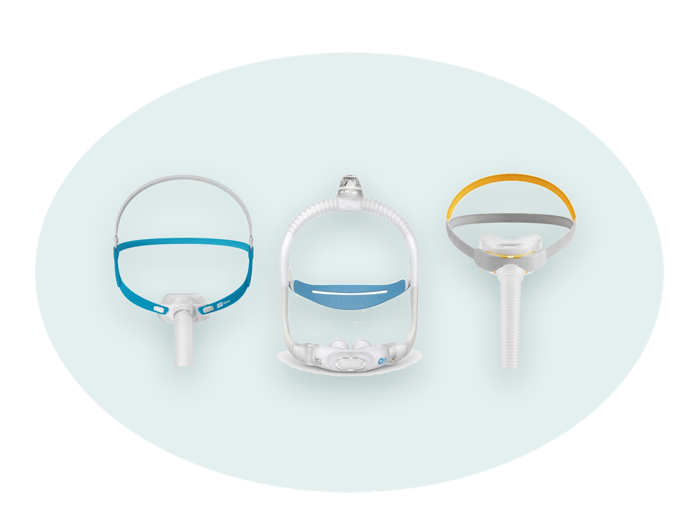 Three nasal pillow masks on a teal blob