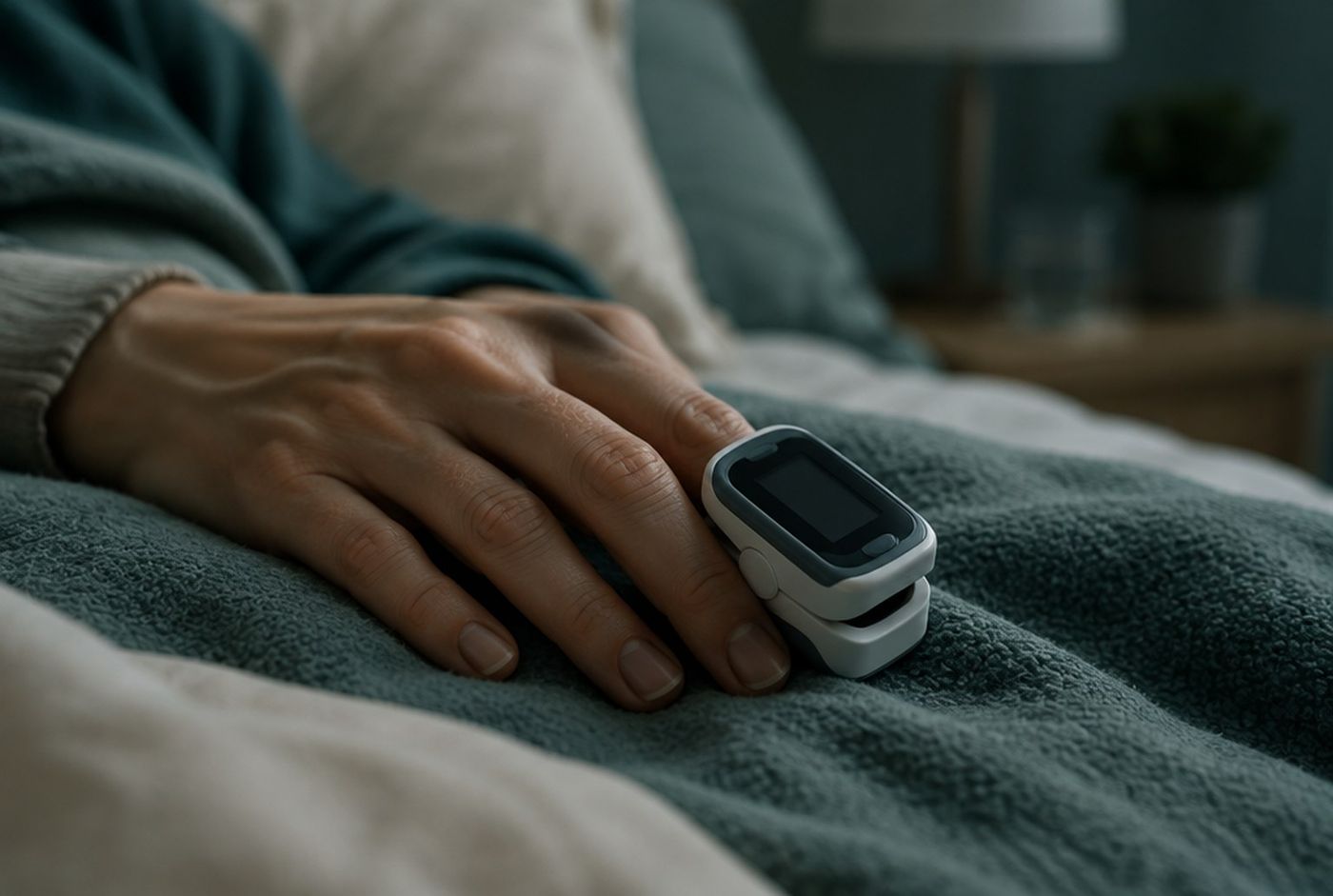 A hand on a blanket with a finger clip oximeter on the index finger