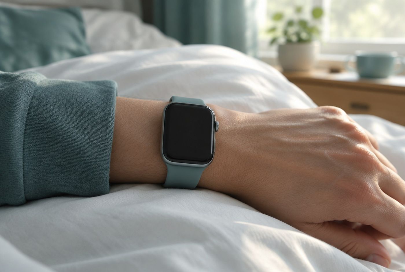 A wrist with a smartwatch resting on a white pillow in morning light