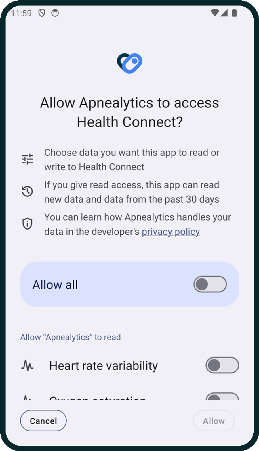 Android Health Connect permission screen