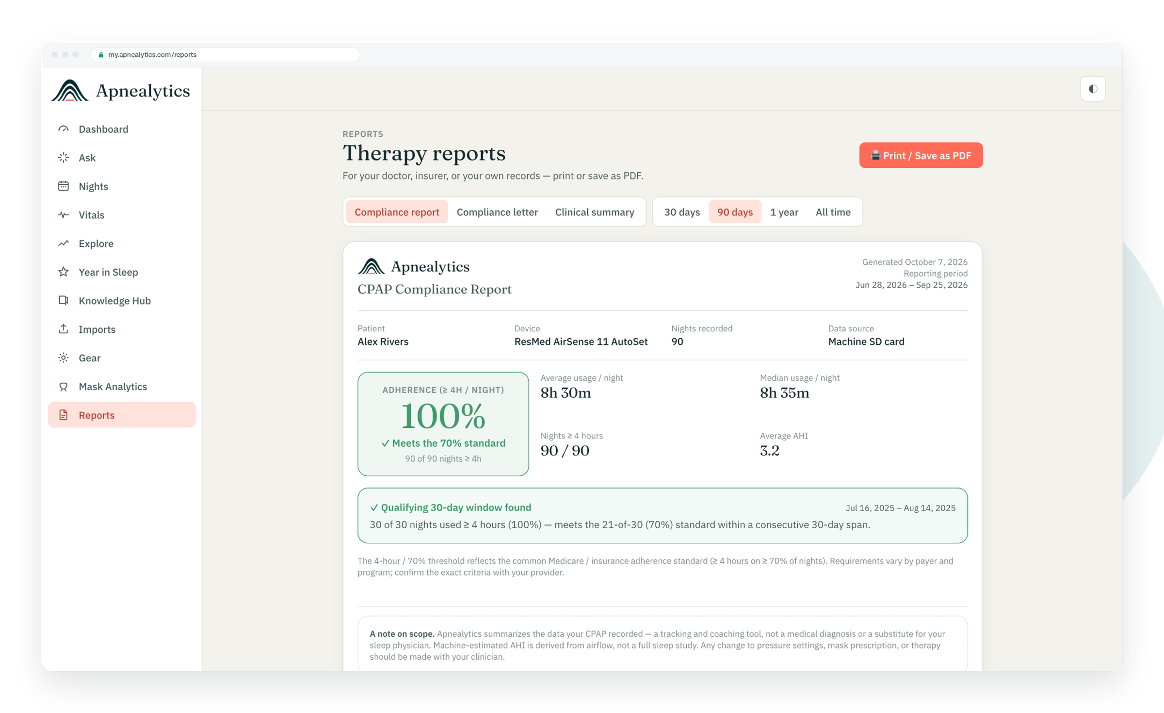 Real Therapy reports screen: CPAP compliance report with 100% adherence, qualifying 30-day window found, Print / Save as PDF
