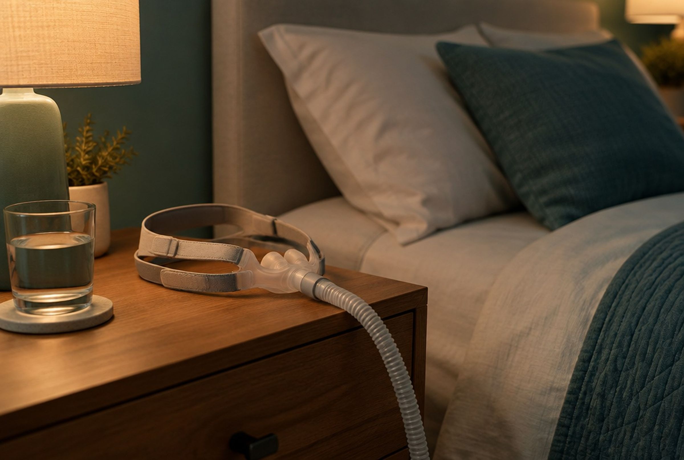 A nasal pillows CPAP mask resting on a bedroom nightstand at night