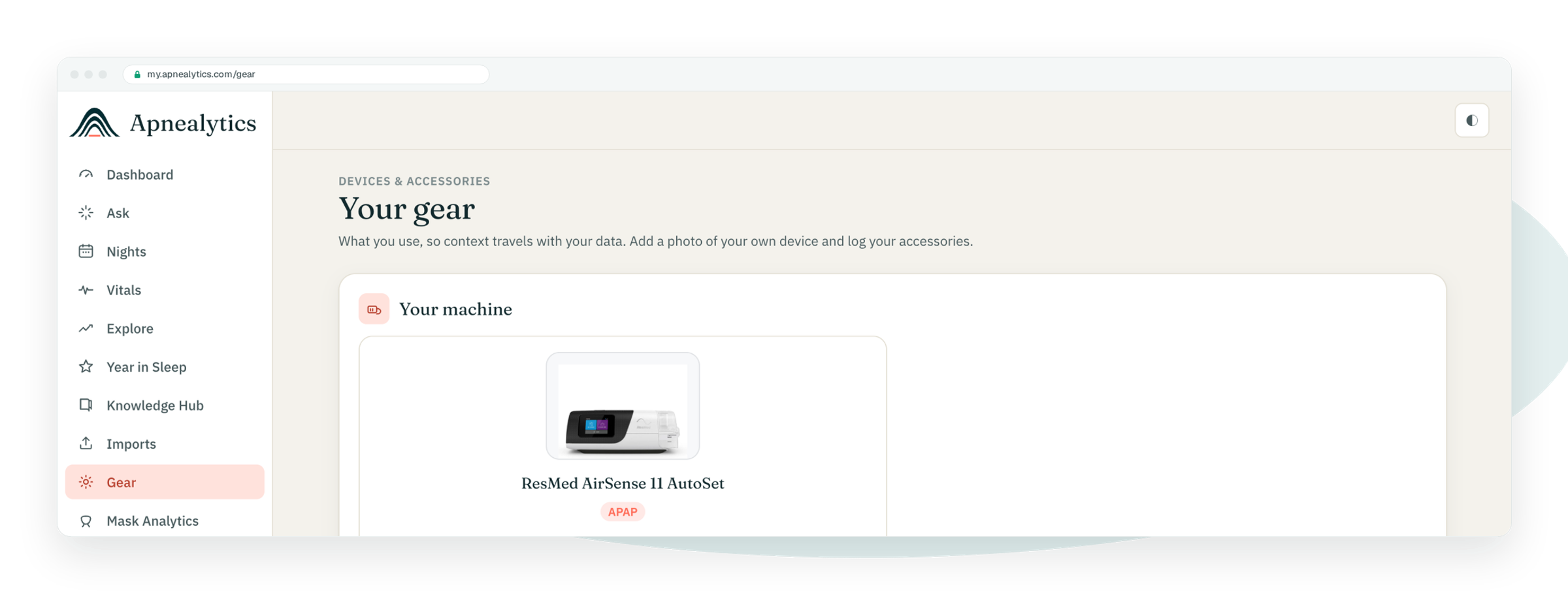 Real Gear page in a browser frame: your machine and mask with photos, consumables and replacement reminders