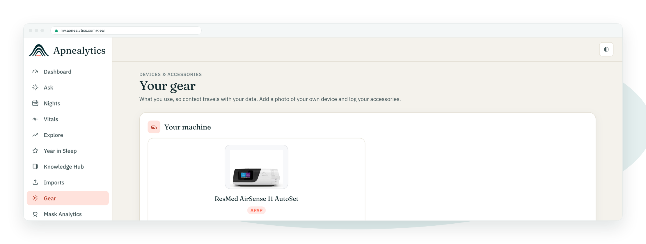Real Gear page in a browser frame: your machine and mask with photos, consumables and replacement reminders
