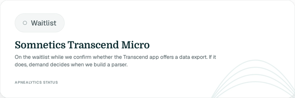 Status card: Waitlist badge, Somnetics Transcend Micro, 'On the waitlist while we confirm whether the Transcend app offers a data export'