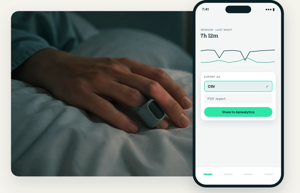 Ring oximeter on a hand beside a phone showing the CSV export screen