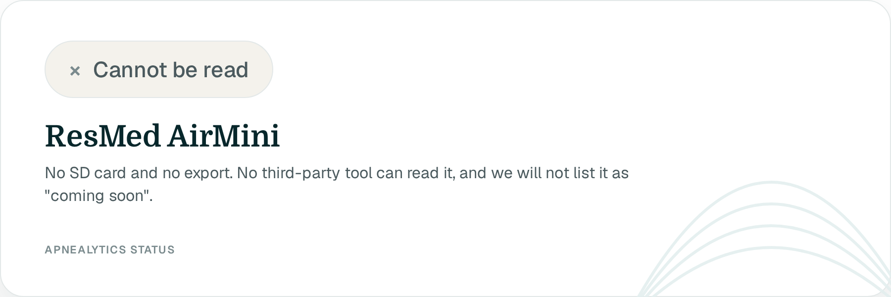Status card: Cannot be read badge, ResMed AirMini, no SD card and no export, no third-party tool can read it