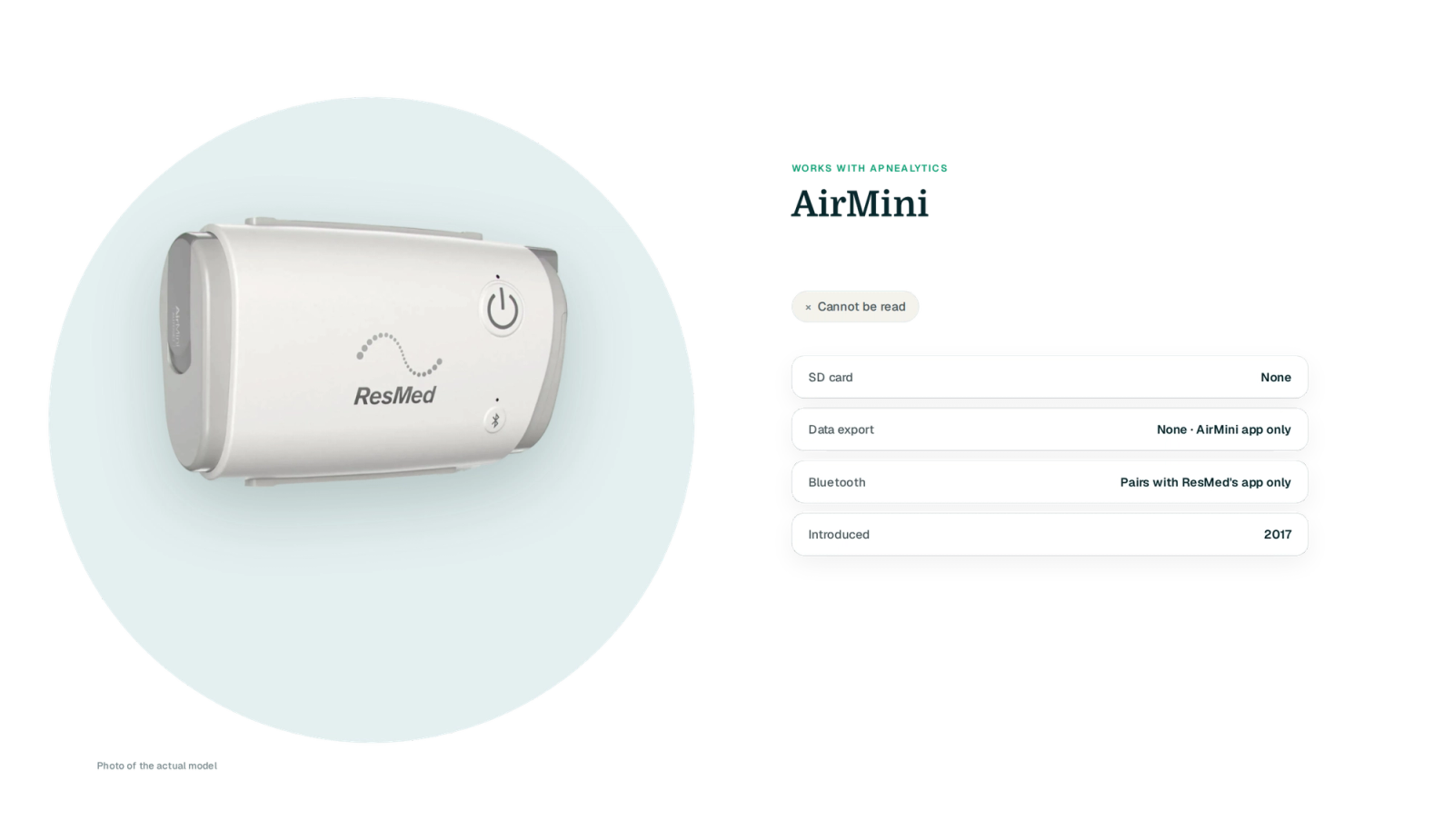 Real ResMed AirMini cut-out on a teal blob with a Cannot be read badge and four fact rows: no SD card, no export, Bluetooth pairs with ResMed's app only, introduced 2017