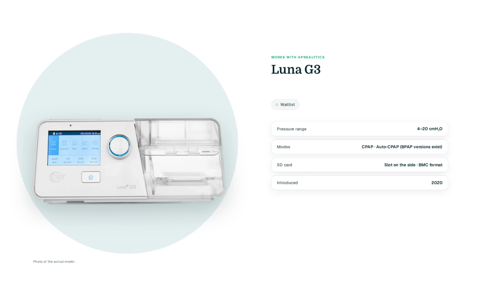 Real BMC / React Health Luna G3 cut-out on a teal blob with a Waitlist badge and four fact rows: pressure range, modes, SD card, year introduced