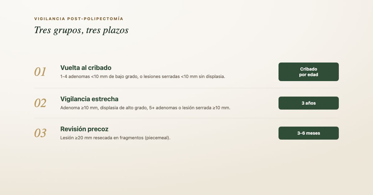 Esquema de los grupos de vigilancia tras la extirpación de pólipos