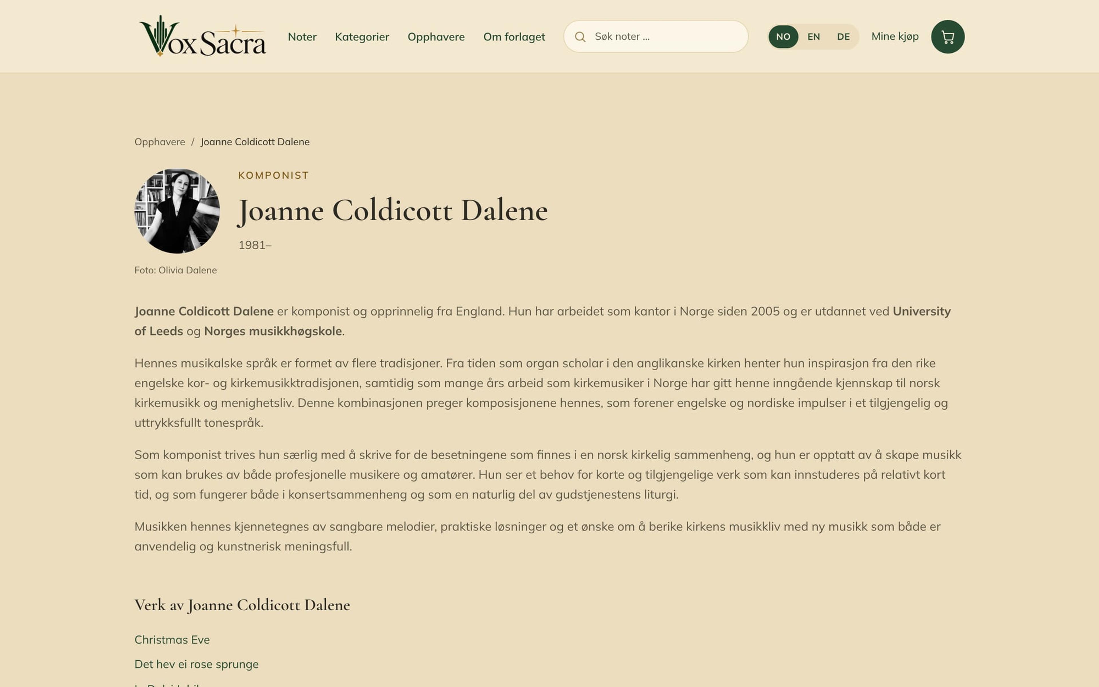 Opphaverside for komponisten Joanne Coldicott Dalene med biografi og liste over verk
