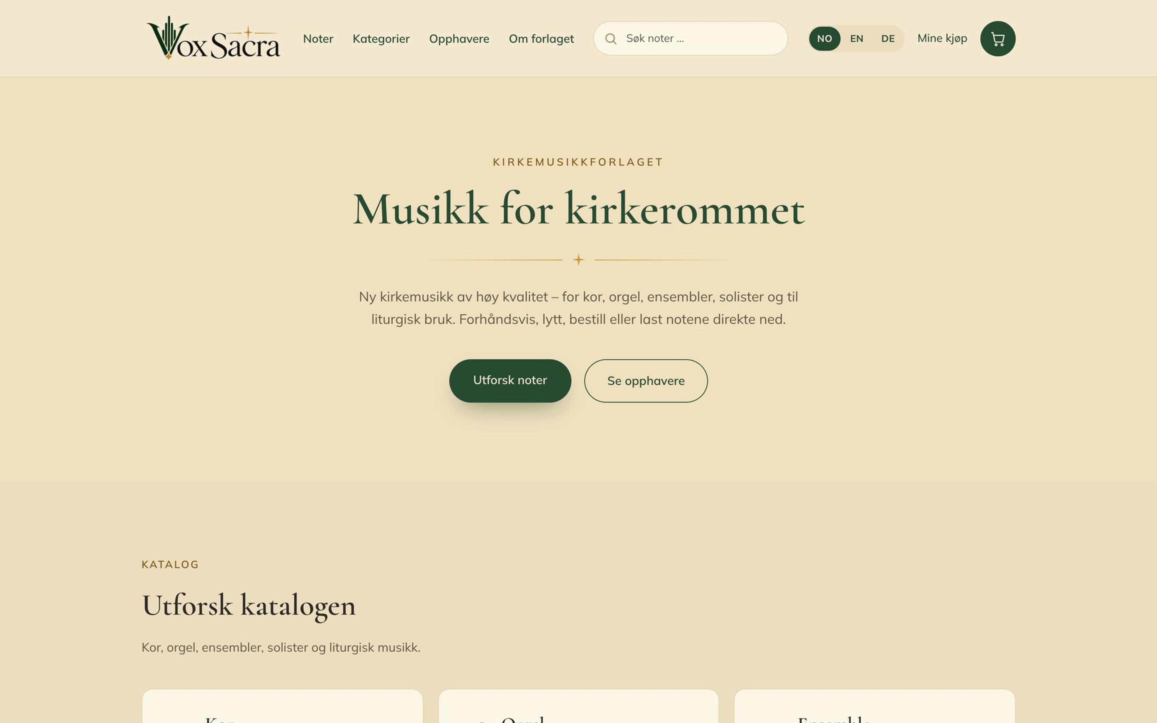 Forsiden til voxsacra.no med overskriften «Musikk for kirkerommet», søk og språkvalg NO, EN og DE