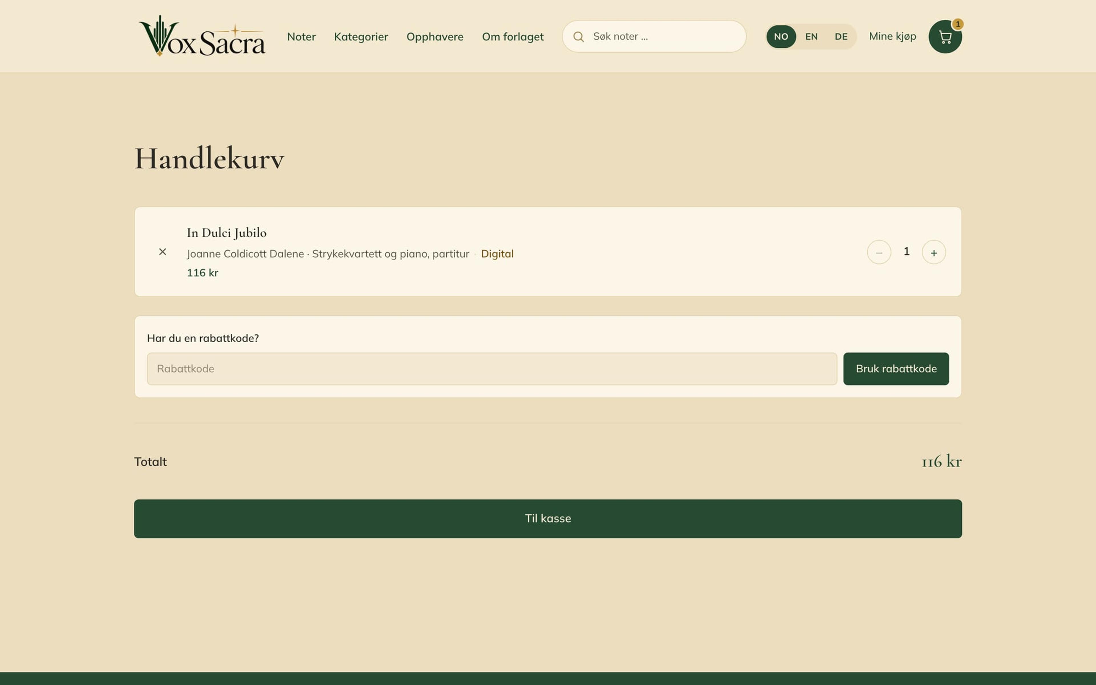 Handlekurv på voxsacra.no med én digital utgave, felt for rabattkode og knapp til kassen