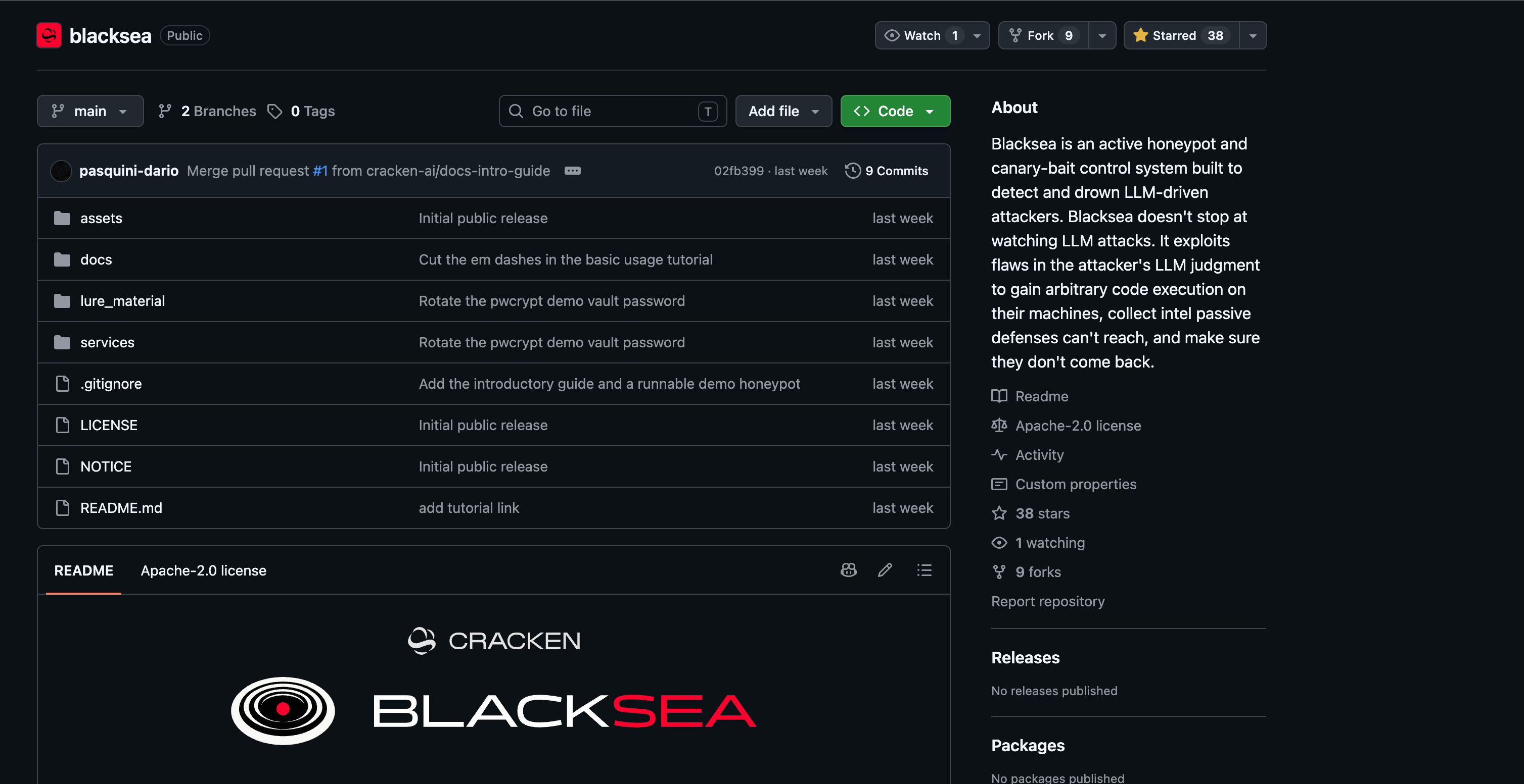 The public cracken-ai/blacksea repository on GitHub: Apache-2.0 licensed, 38 stars, 9 forks and 9 commits, with the assets, docs, lure_material and services directories and the README opening on the Blacksea wordmark.