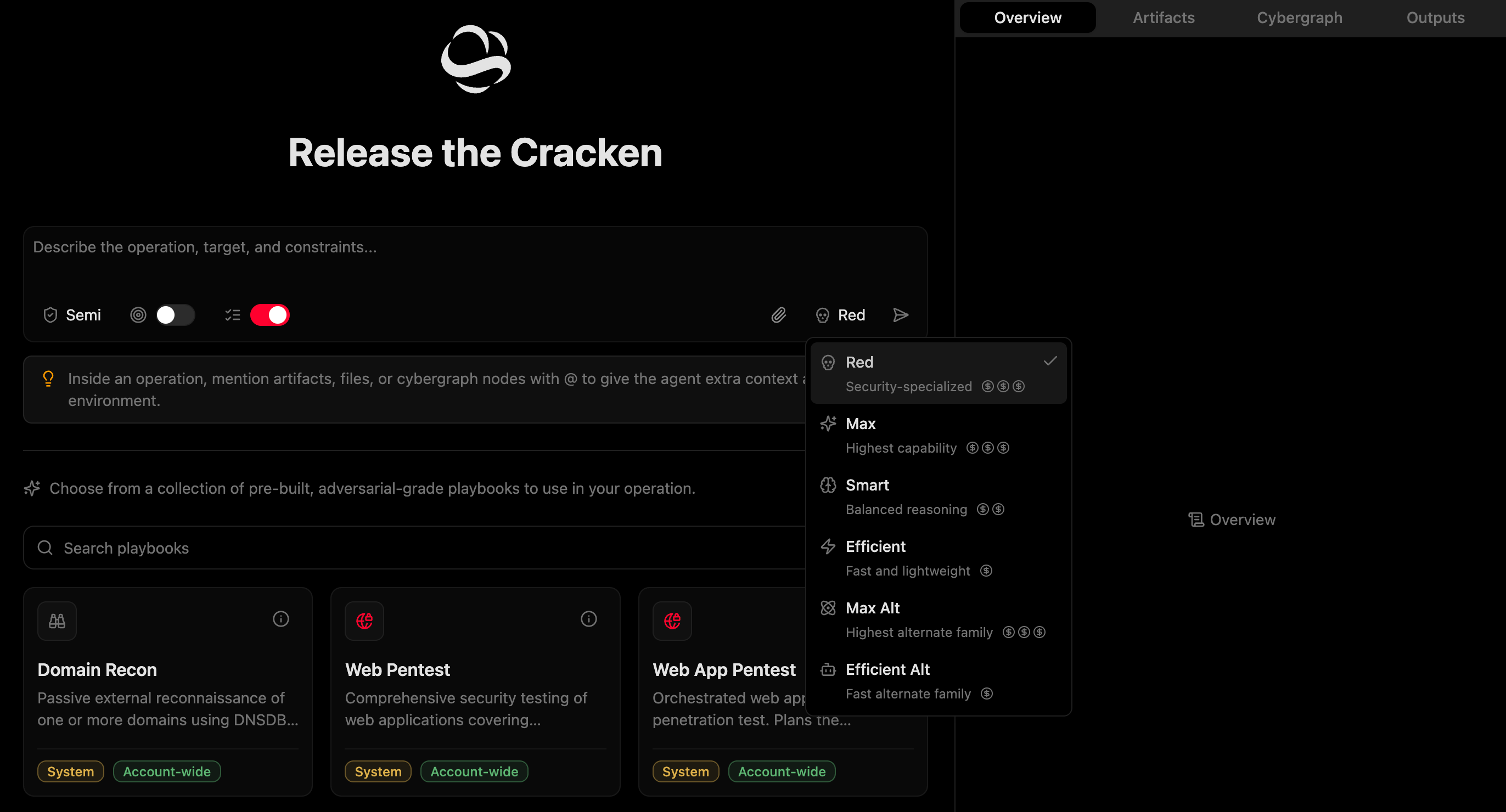 The Cracken model picker: Red, security-specialised, selected above the general Max and Smart tiers.