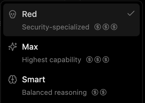 The Cracken model picker: Red, security-specialised, selected above the general Max and Smart tiers.