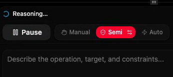 The autonomy control on a running Operation: Pause, beside the Manual / Semi / Auto selector with Semi live.