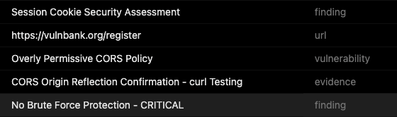 The realm Cybergraph in table view: every row a node typed url, evidence, finding, ipaddress or vulnerability, with its severity beside it.