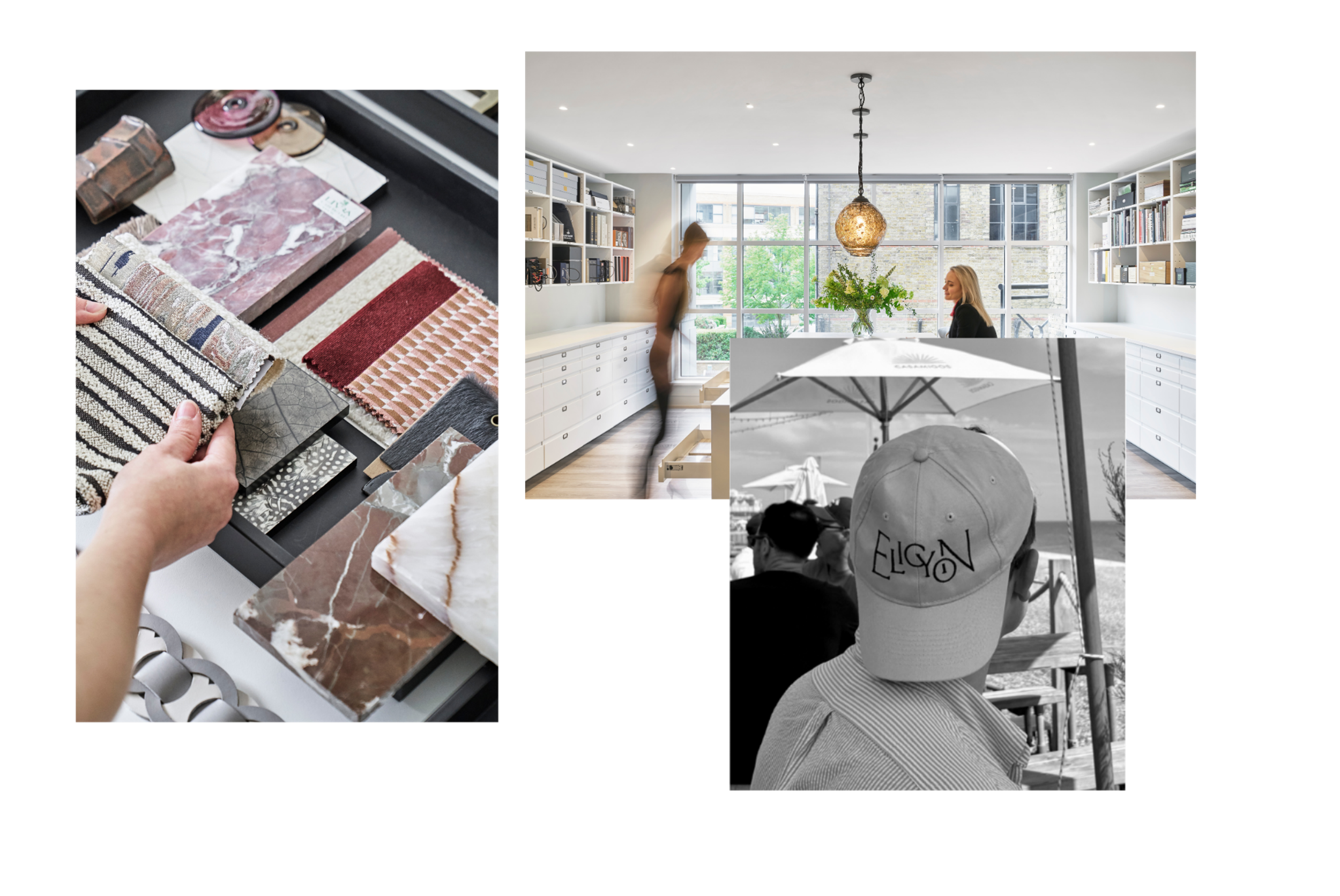 Collage from Elicyon’s studio life: material curation, team collaboration and moments beyond the studio