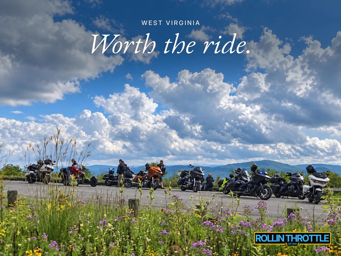 Riders and motorcycles overlooking the mountains on Highland Scenic Highway during The Revenuer.