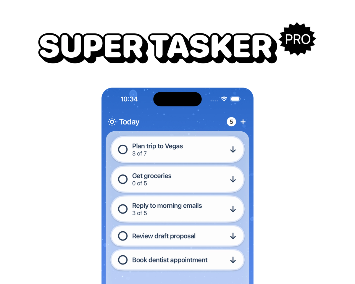 Super Tasker Pro logo with a PRO badge above a phone showing the Today list, on a sparkling blue background