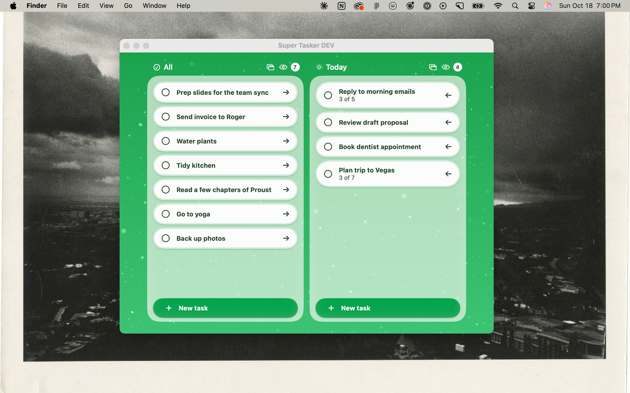 Super Tasker Pro on Mac: All and Today lists side by side in a green window