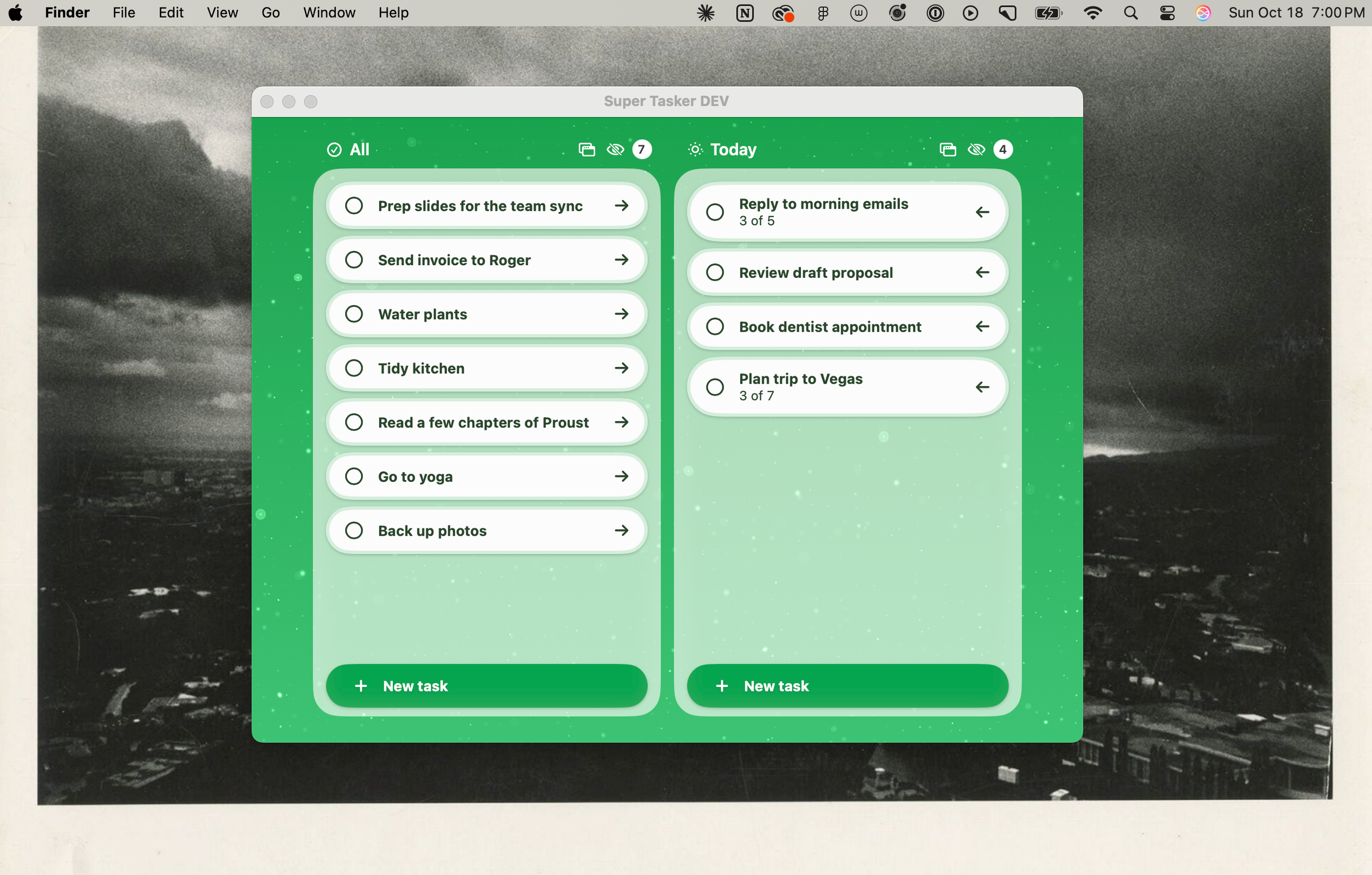 Super Tasker Pro on Mac: All and Today lists side by side in a green window