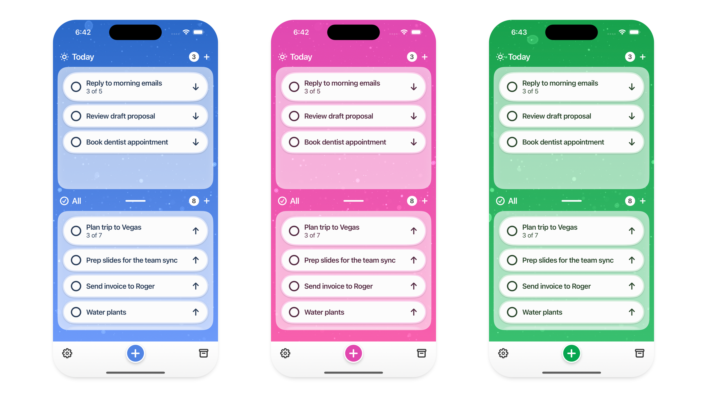 Super Tasker Pro in three color themes side by side: blue, pink and green