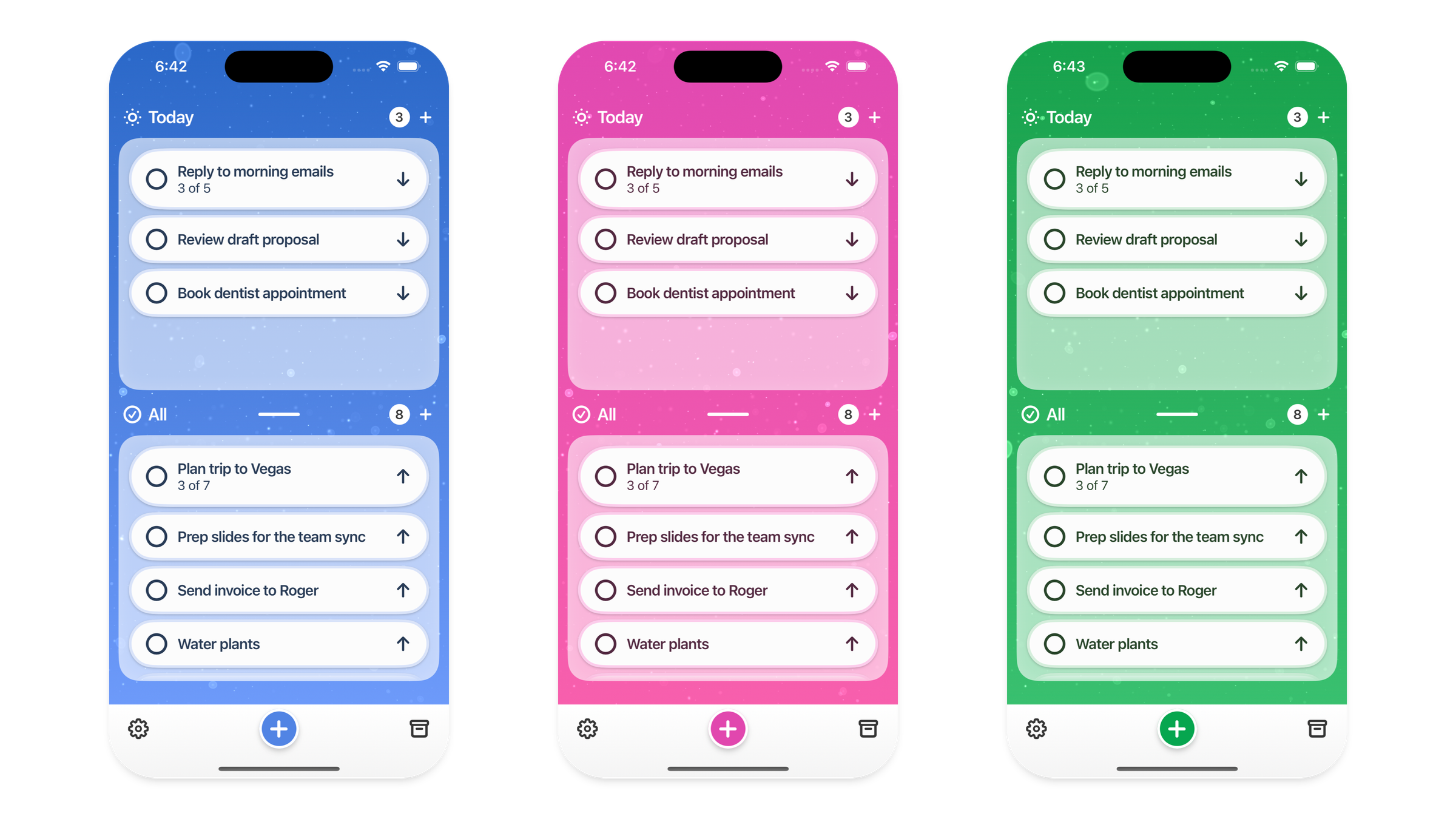 Super Tasker Pro in three color themes side by side: blue, pink and green